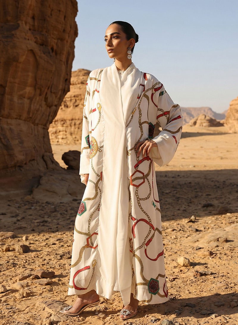 ISHIN Off White  Abstract print layered Abaya with Hijab - Image 3
